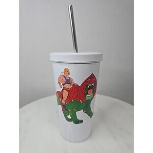 16oz Metal TUMBLER And Metal Straw With He-Man And Battlecat Sticker White MOTU
